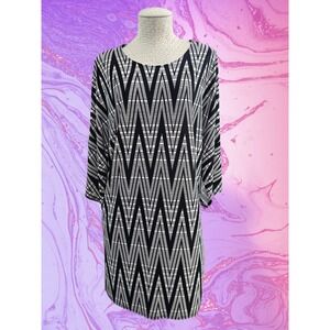 Azules XL Black White 3/4 Slit Sleeve Simple Career Cocktail Shift‎ Dress Chic